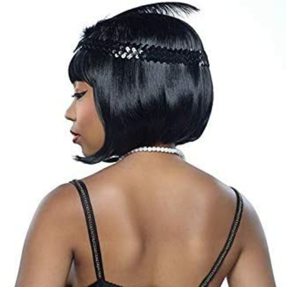 Wiggie Synthetic Costume Wig - Flapper Black Bob + Feather Head Band Necklace - Picture 4 of 11